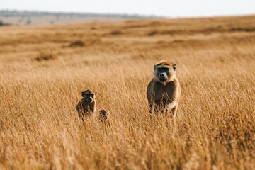 Adult and baby baboons in tall savanna grass.