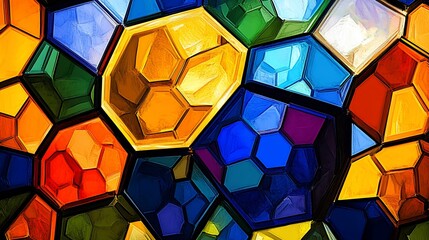 Abstract colorful geometric shapes, vibrant hues, mosaic pattern.