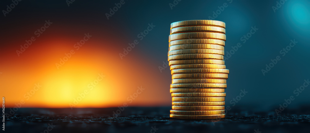 Aufkleber close up of growing stack of coins symbolizing wealth and prosperity. warm background adds sense of 