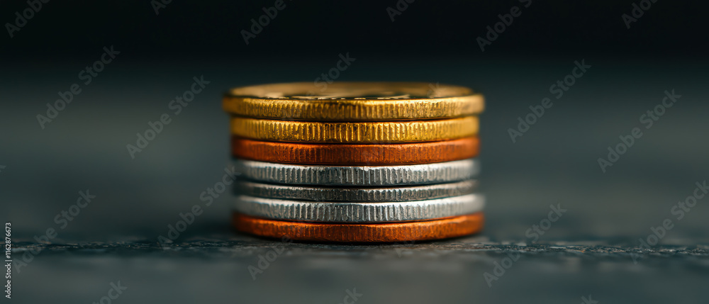 Poster close up of growing stack of coins symbolizing wealth and savings. shiny coins reflect light, creati