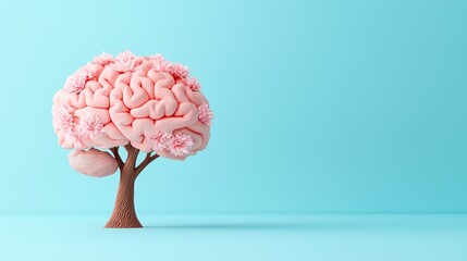 A human brain depicted as a tree with flowers symbolizes self-care, mental health, positive thinking, creativity, and generative AI.