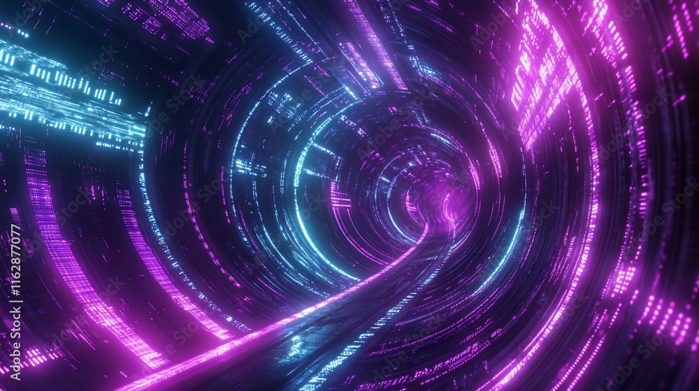 Poster abstract neon tunnel with glowing lines and data streams.
