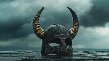 Ornate Viking Helmet with Horns, Stormy Sky, Ancient Stone