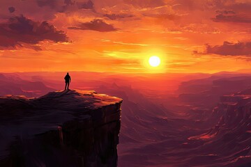 Obraz premium Solitary Figure Contemplates Vast Canyon Sunset Landscape