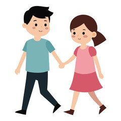 the boy is walking holding the girls hand
