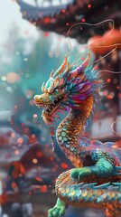 Obraz premium brightly colored dragon statue in front of a building with lights