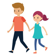 the boy is walking holding the girls hand
