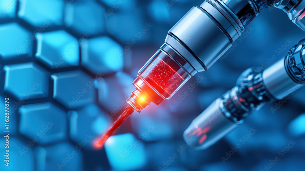 Poster close up view of robotic arm with glowing red tip, showcasing advanced technology and precision in f