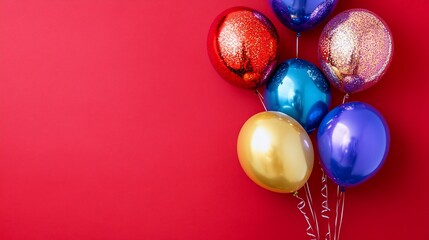 Colorful glossy balloons on red background.