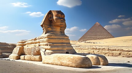 arafed sphinx statue in front of a pyramid with a sky background