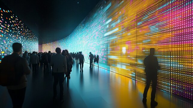 Crowd viewing vibrant digital art installation.