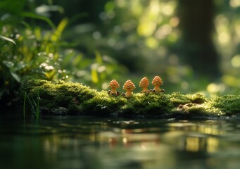Three mushrooms on moss near calm water, sunlight.