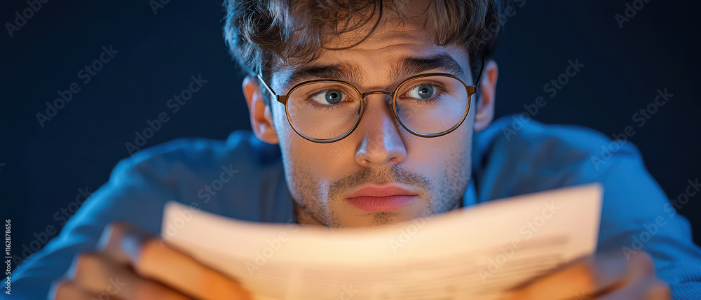 Poster focused man with glasses intently reading document in low light