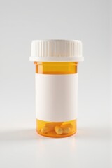 An amber prescription bottle with a white cap and blank label, containing a few light yellow capsules