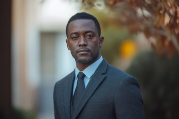 Naklejka premium Portrait of male african american professional, possibly business executive corporate CEO, finance, attorney, lawyer, sales, Generative AI