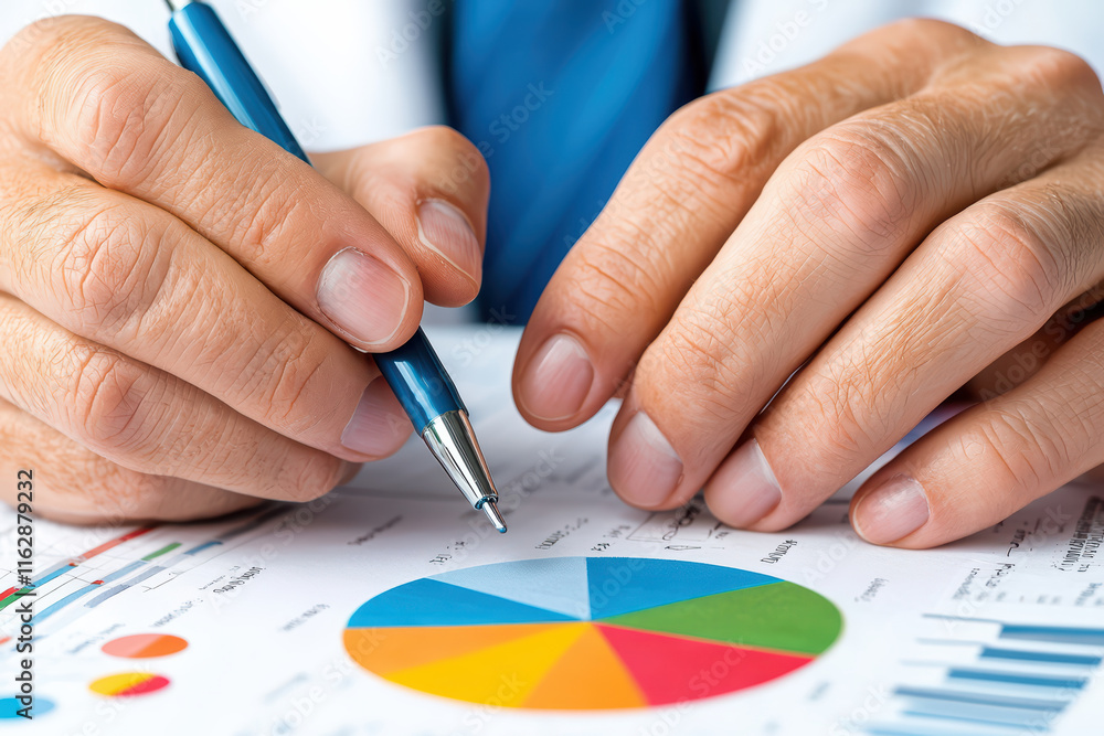 Poster analyzing data with pen, hands on colorful charts and graphs