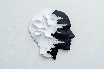 A black and white crumpled paper head, torn and set against a gray background with copy space, symbolizes bipolar disorder. It conveys manic and depressive emotions, emphasizing mental health, brain