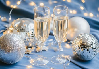 Festive Champagne Flutes with Silver Ornaments and Fairy Lights