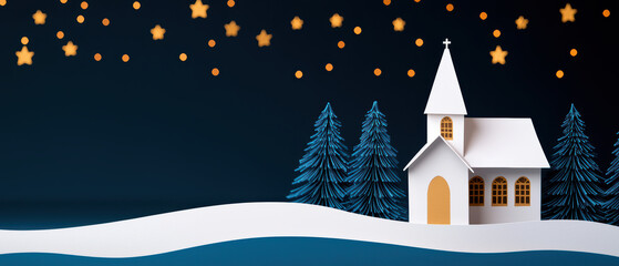 Naklejka premium charming paper s town scene featuring white church, snowy landscape, and starry night sky evokes festive spirit