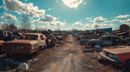 Fototapeta premium Rusty Vehicles Junkyard Sunlit Wreckage, Scrap Cars, Auto Salvage
