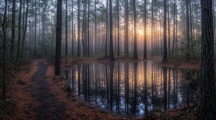 Misty sunrise in a pine forest reflecting on a tranquil pond.