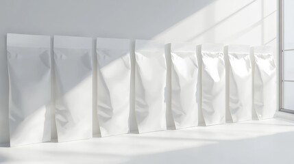 A row of blank, white packaging bags against a light-filled wall.