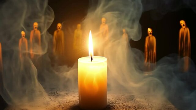 A single candle burns brightly, surrounded by ethereal, lamenting figures in a dense, haunting mist.