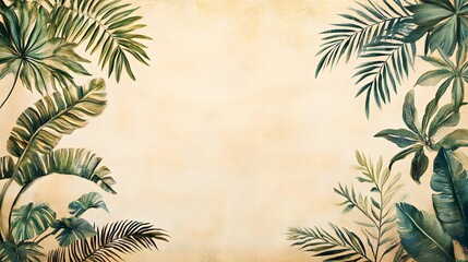 Tropical Green Leaves Frame Beige Background