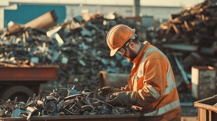 Scrap Metal Worker Sorting Recycled Industrial Materials Outdoors