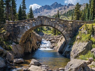 Stone arch bridge over mountain stream.