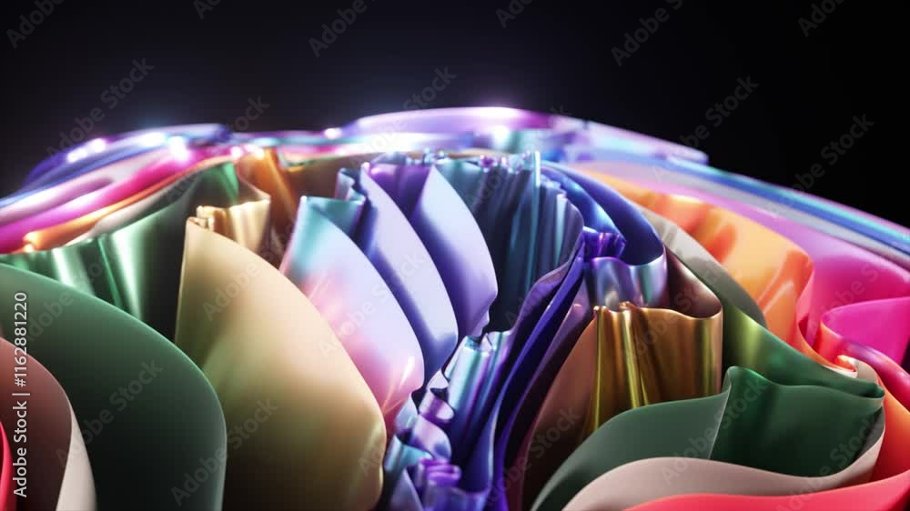 Poster shiny metallic ribbons in rainbow colors are forming a mesmerizing abstract pattern with flowing cur