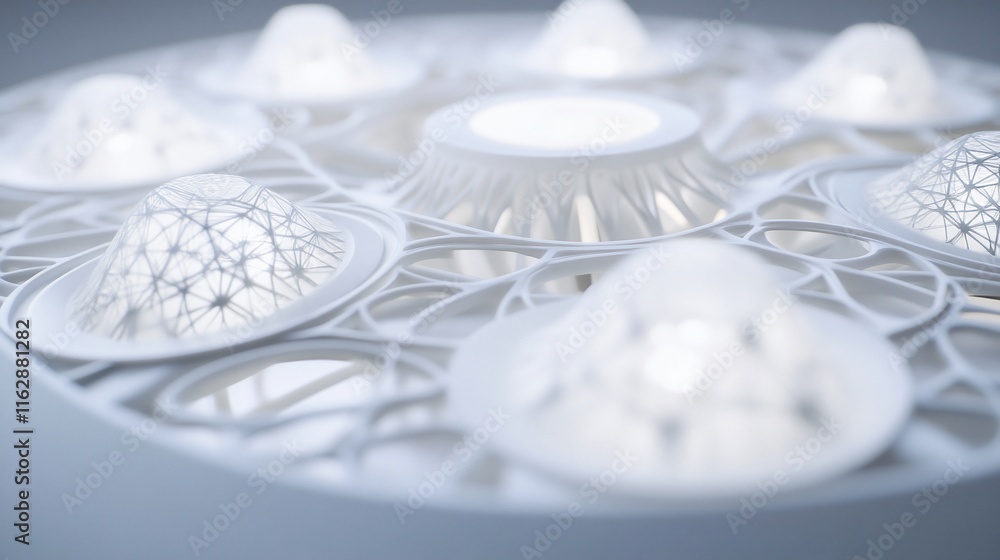 Poster close-up of intricate white architectural model with dome-like structures and illuminated interior.