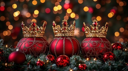 Three red Christmas ornaments with gold crowns, festive, holiday, Christmas, decorative, balls,  orbs,  festive,  royal,  elegant,  holiday, 