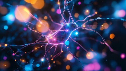 Microscopic view of a vibrant neuron cell with glowing connections.