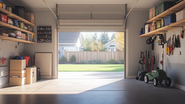 Organized garage interior with open door, showing backyard lawn and houses.