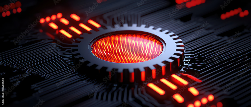 Poster close up view of circuit board with glowing red lights and intricate patterns, showcasing technology