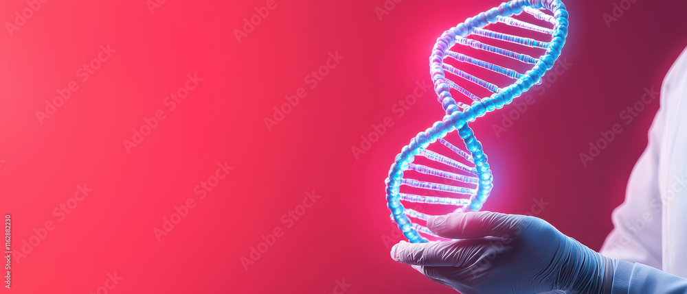 Poster scientist holding glowing dna double helix model in lab setting