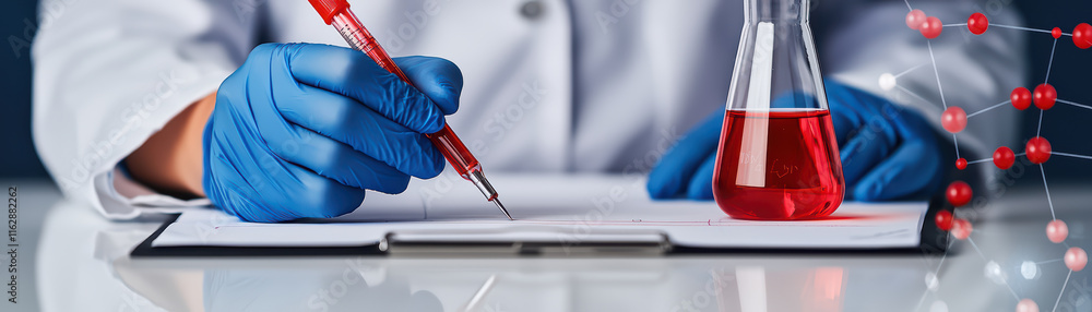 Poster scientist in lab coat writes down experiment results with red pen, surrounded by laboratory equipmen
