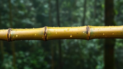 Close-up of a golden bamboo stalk with water droplets, set against a blurred rainforest backdrop.