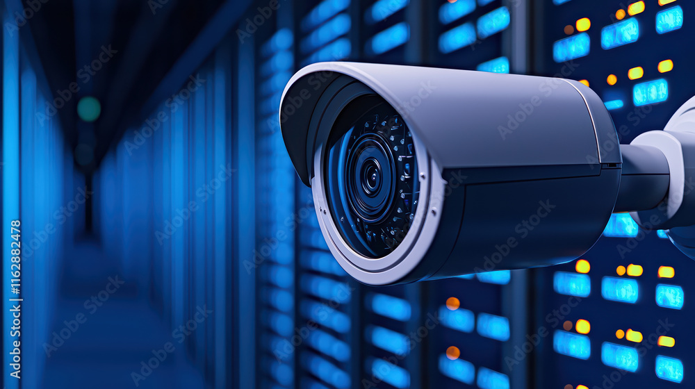 Poster close up of security camera monitoring data center filled with servers, showcasing advanced surveill
