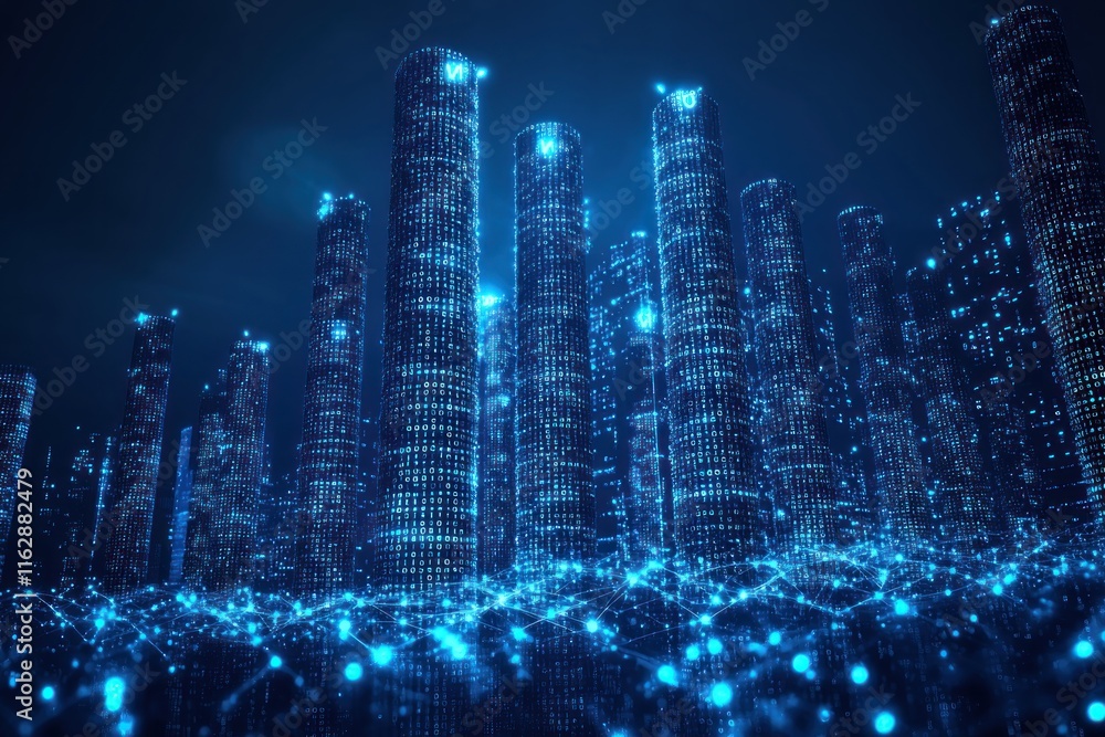 Poster futuristic digital cityscape: a glowing metropolis of binary code