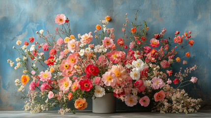 Lush spring bouquet with pink and peach flowers.