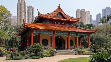 Obraz premium Traditional Chinese temple architecture in a park setting, featuring a red-orange roof, ornate detailing, and surrounding greenery. Modern city buildings in the background.