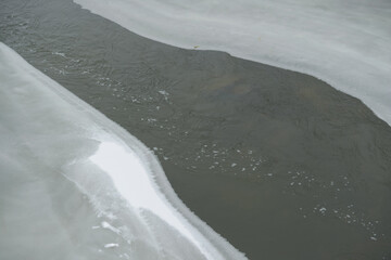 frozen river with ice and snow and flowing water