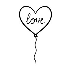 Heart balloon illustration in line art style. Graphic monochrome drawing. Hand drawn heart outline sketch, ink illustration. Design element for wedding invitation, Valentines day card, tattoo, logo
