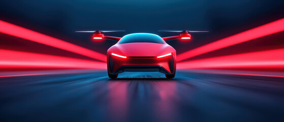 futuristic vehicle with drone features, glowing red lights, and sleek design