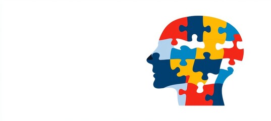 Fototapeta premium A human head profile integrated with a jigsaw puzzle, symbolizing cognitive psychology or psychotherapy, mental health issues, brain disorders, and personality disorders, depicted in a modern line
