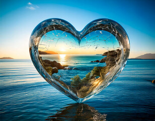 coastal dream in a glass heart, blue ocean, mountains, and loving serenity