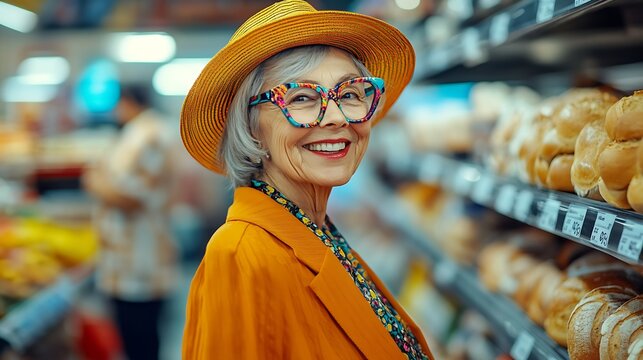 Senior woman choosing bread in supermarket bakery section