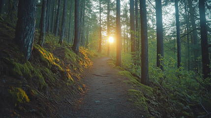 forest trail illuminated by the setting sun. The sunlight filters through tall, lush trees, casting long shadows and highlighting vibrant green foliage. The earthy path is surrounded by undergrowth.